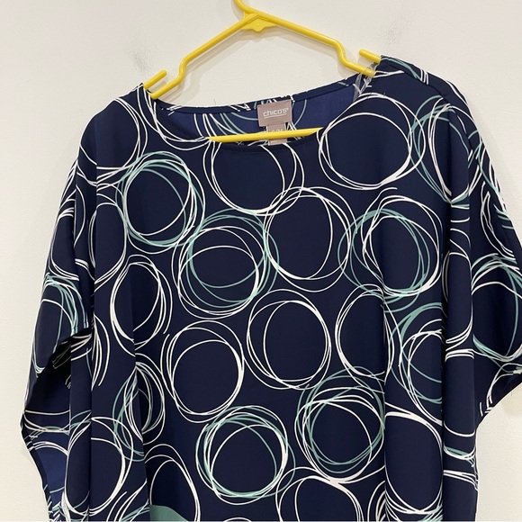 Chicos Patterned Boxy Fit Oversized Blouse Navy Blue Arm Holes Womens S/M - Picture 2 of 8